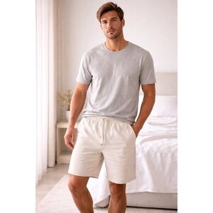 TALENTLESS Mens Beige Sweat Shorts Size S Elastic Waist Drawstring Pocket Casual